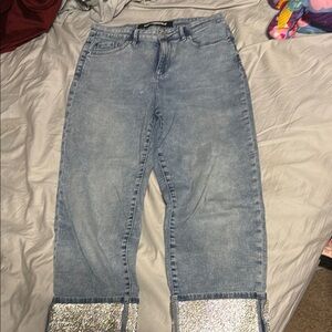 Karl Lagerfeld Blue and Silver Flare Jeans with Chic Hem Details